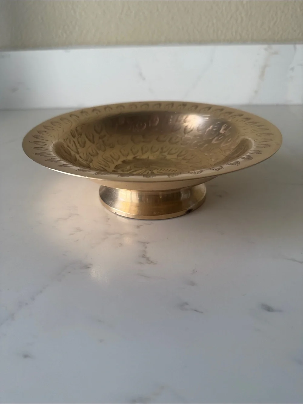 Vintage Etched Brass Bowl Short Pedestal